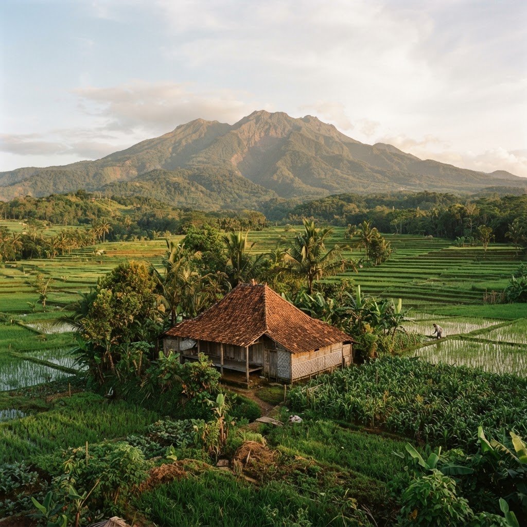 Wide panoramic view of lush green agricultural land in Cigombong, Bogor, with Mount Salak in the background under soft golden hour light, a traditional local home visible in the mid-ground, warm editorial photography, 35mm lens